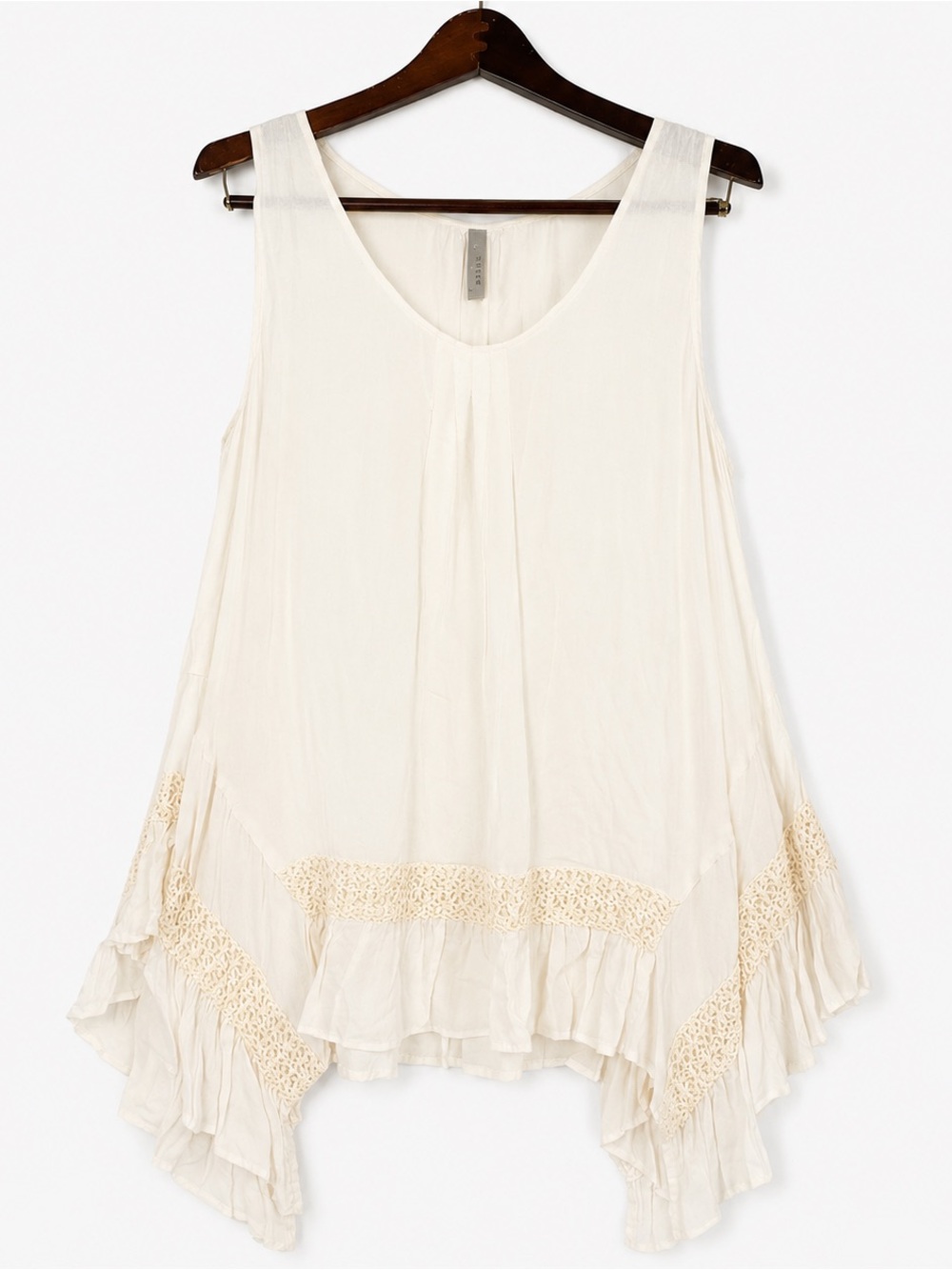 Entro Ivory Crochet Lace Ruffle Hem Boho Tunic Top L